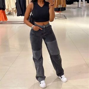 High Waist Pocket Patchwork Long Grey Denim Pants